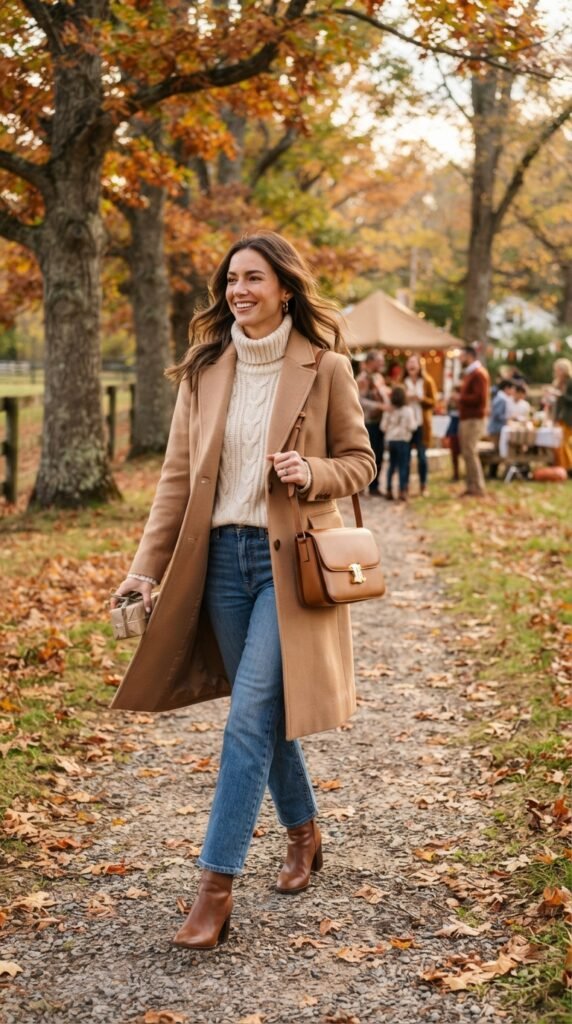 Camel Coat and Jeans Outfit
