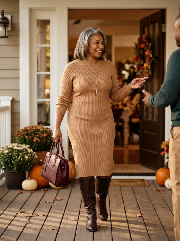 Camel Sweater Dress with Tall Boots