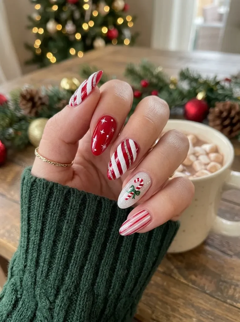 Candy Cane Christmas Nails With Red and White Stripes