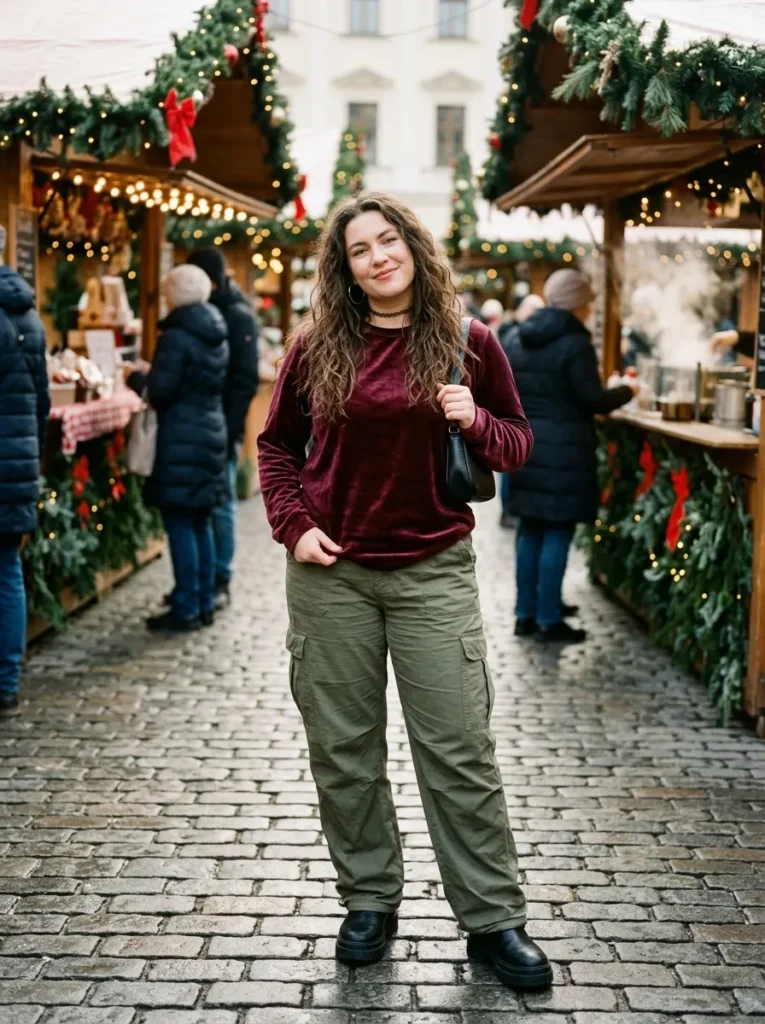 Cargo Pants With a Festive Velvet Top