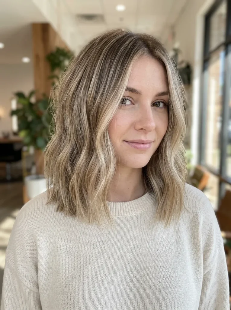 Champagne Babylights on a Blunt Lob for Fine Hair