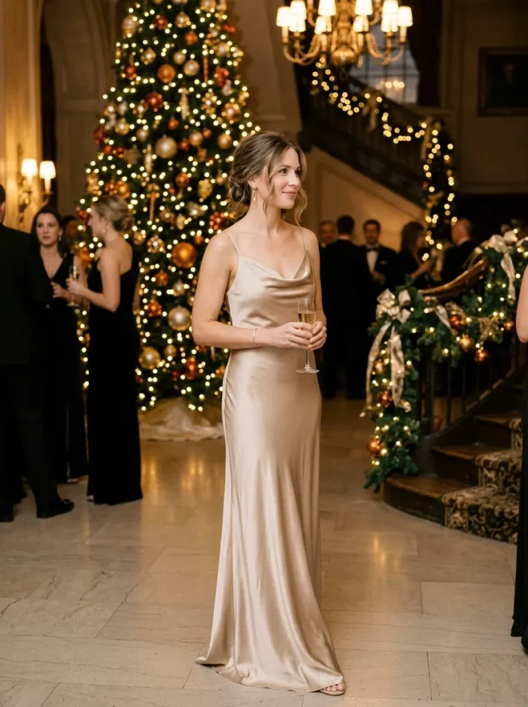 Champagne Satin Cowl-Neck Maxi for a Formal Christmas Eve