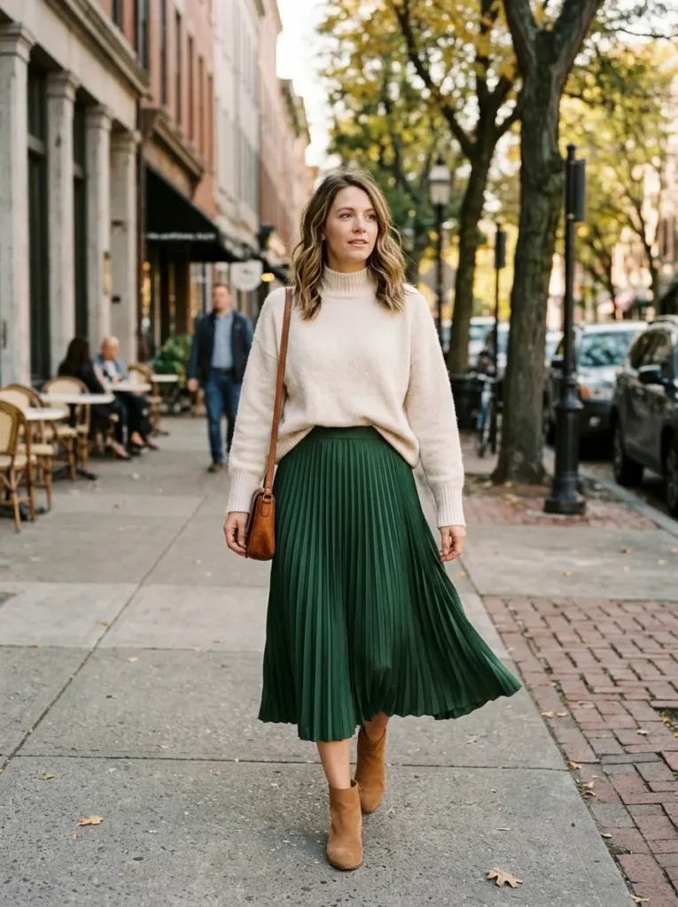 Choose a Soft Knit Top with a Pleated Midi Skirt