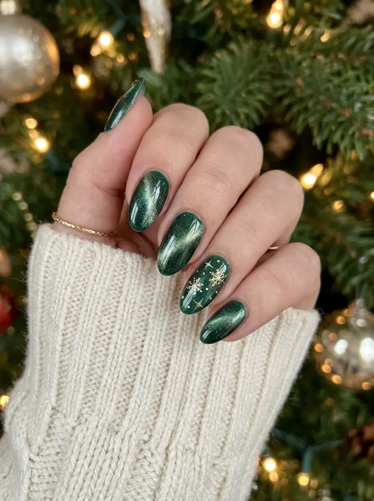 Christmas Cat-Eye Nails With Emerald Shimmer