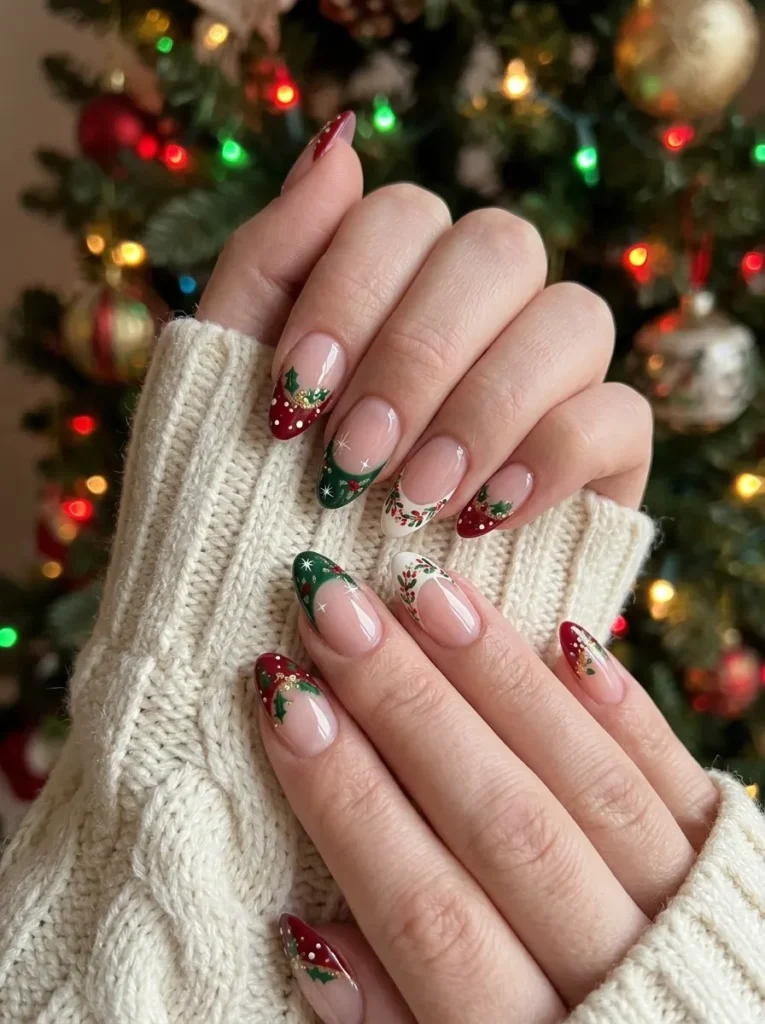 Christmas French Tips With Red and Green Details