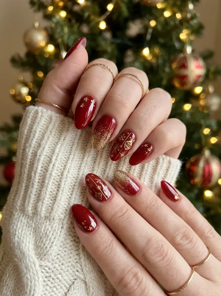 Classic Red Christmas Nails With Gold Accents