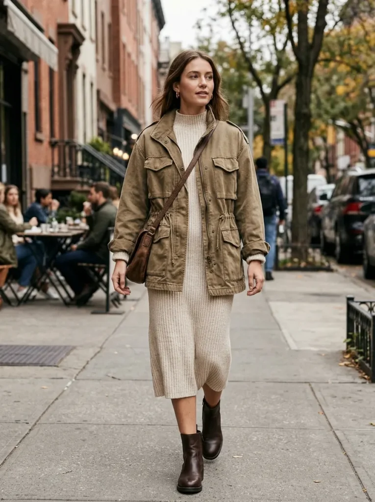 Combine a Khaki Utility Jacket with a Knit Dress