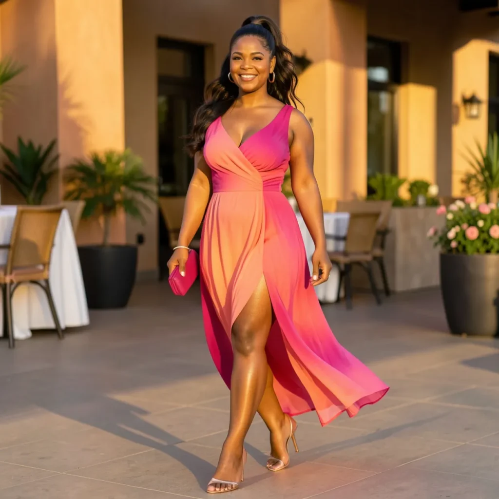 Coral-to-Fuchsia Ombre Gown With a High Slit