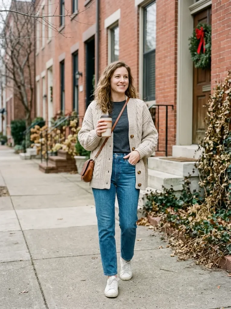 Cozy Cardigan, Straight Jeans and White Sneakers for New Year’s Day