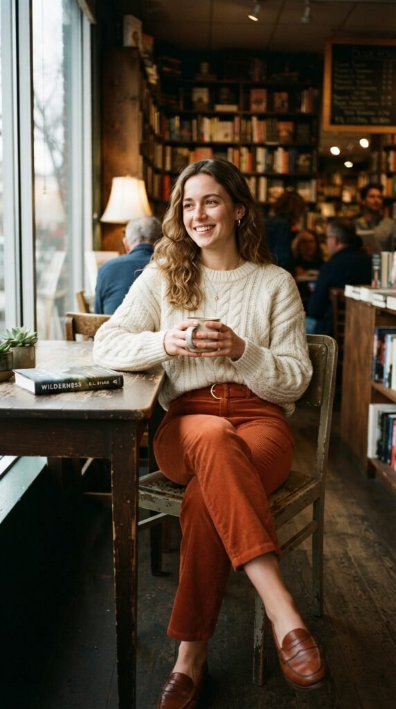 Cream Sweater and Corduroy Pants Outfit