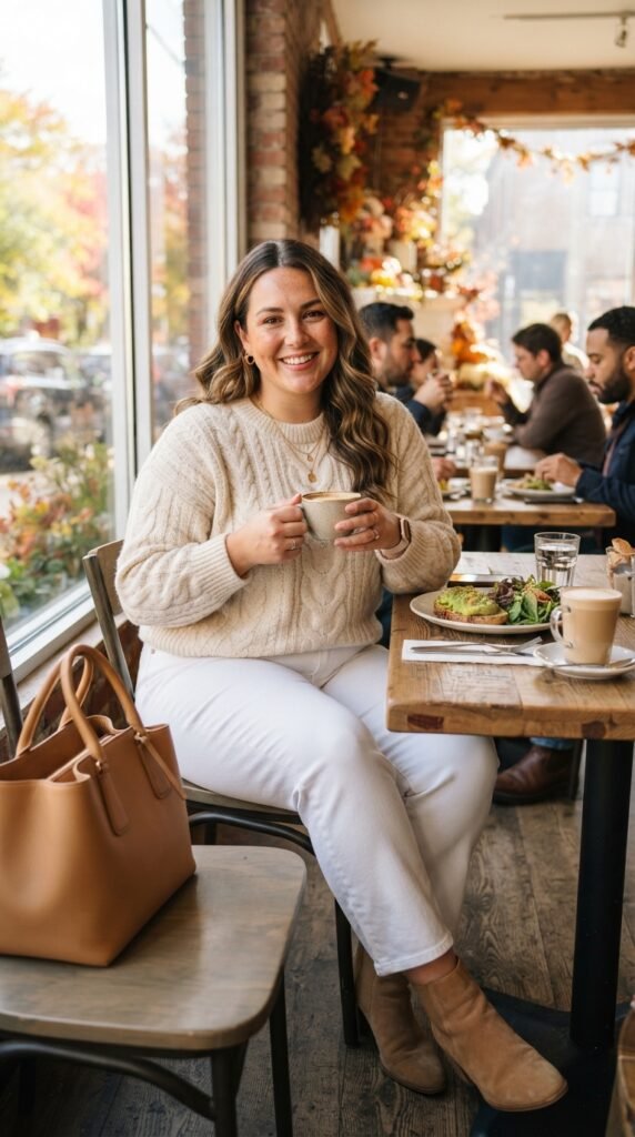 Cream Sweater and White Jeans Plus Size Outfit