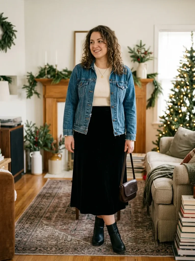 Denim Jacket With a Velvet Midi Skirt