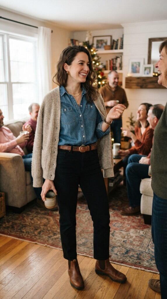 Denim Shirt and Black Pants Outfit