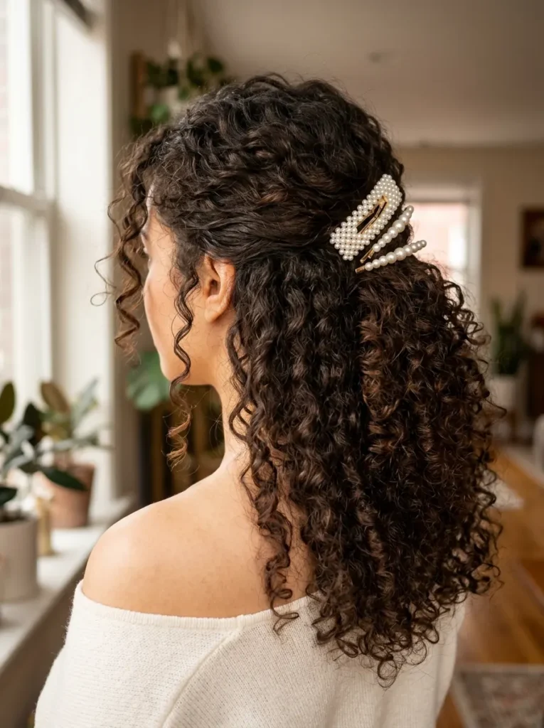 Diffused Curls Half-Up with Pearl Clips