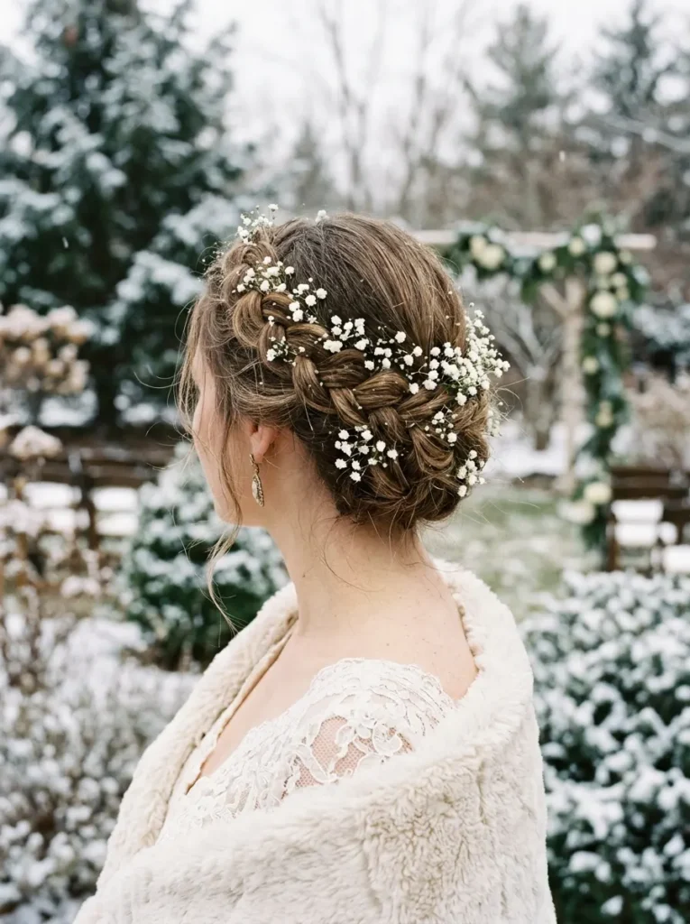 Dutch Braid Crown with Baby’s Breath for a Winter Garden Ceremony