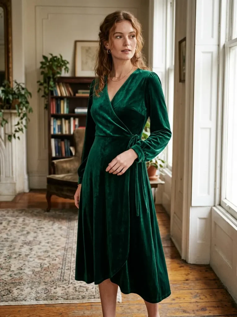 Emerald Green Velvet Wrap Dress