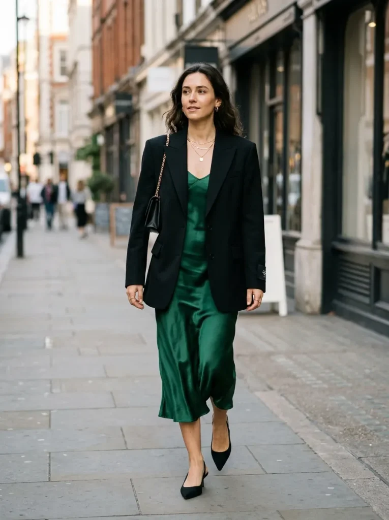 Emerald Satin Slip Dress with a Tailored Blazer