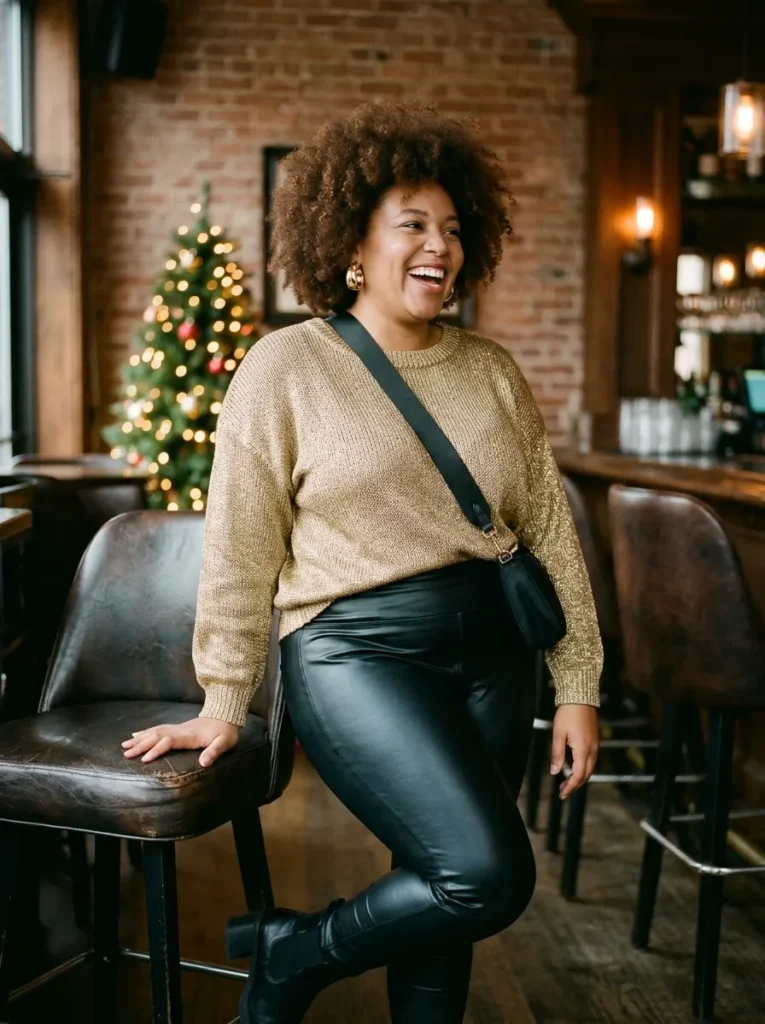 Faux Leather Leggings with a Metallic Sweater