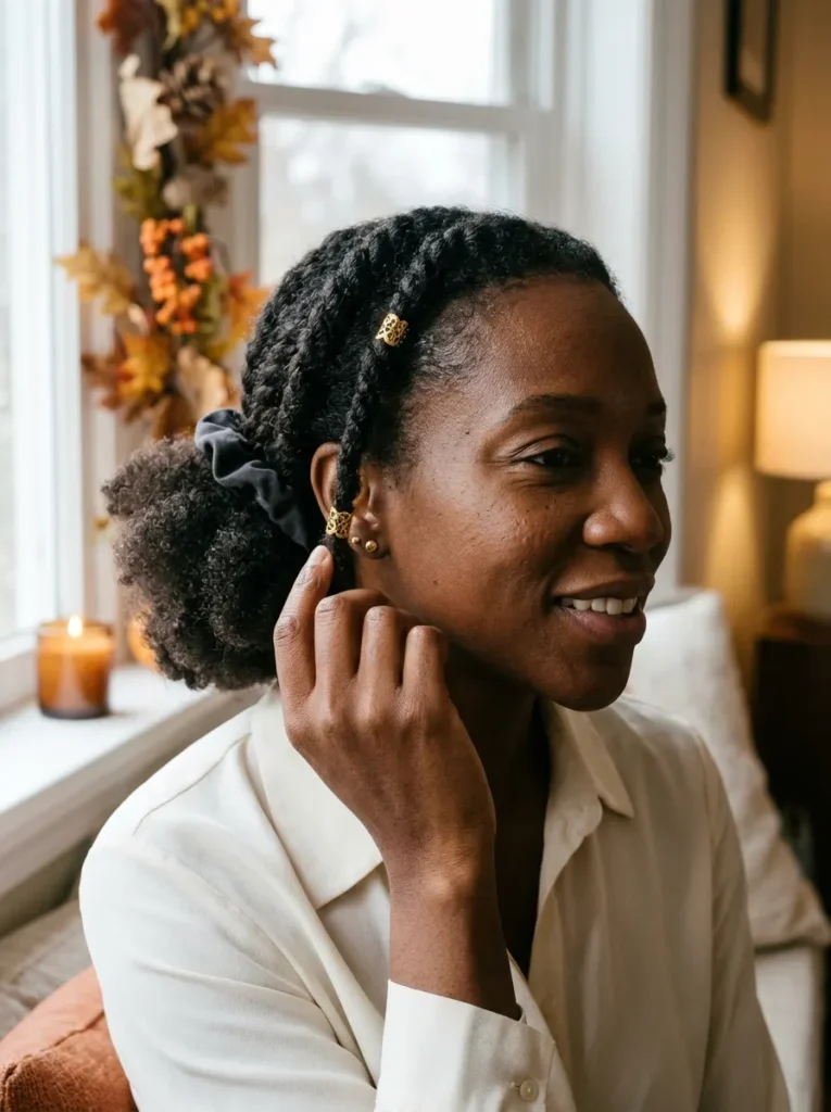 Flat Twists into a Low Puff with Gold Cuffs