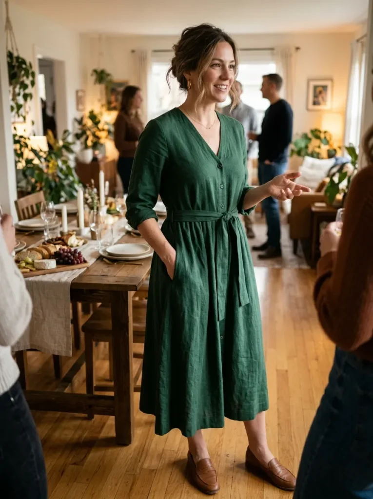 Forest Green A-Line Midi with Pockets for Hosting