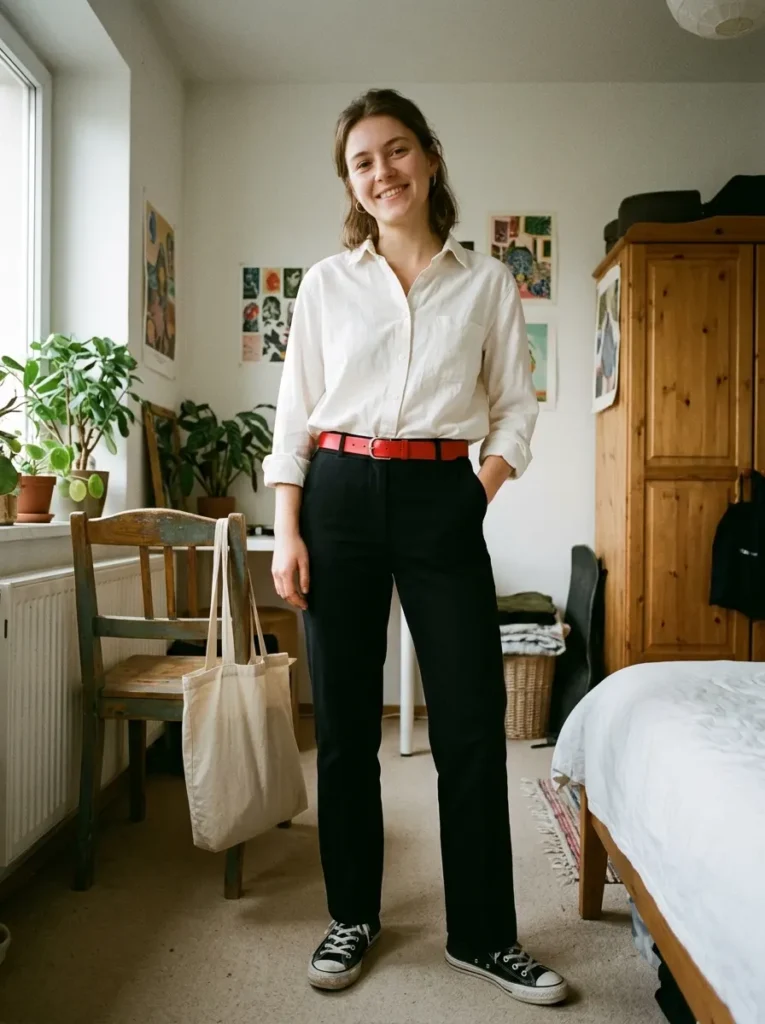 White Button-Down, Black Trousers and a Red Belt on a Budget