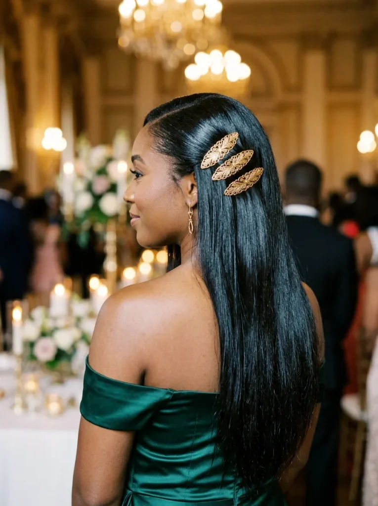 Glass-Smooth Silk Press with Gold Barrettes for a Formal Ceremony