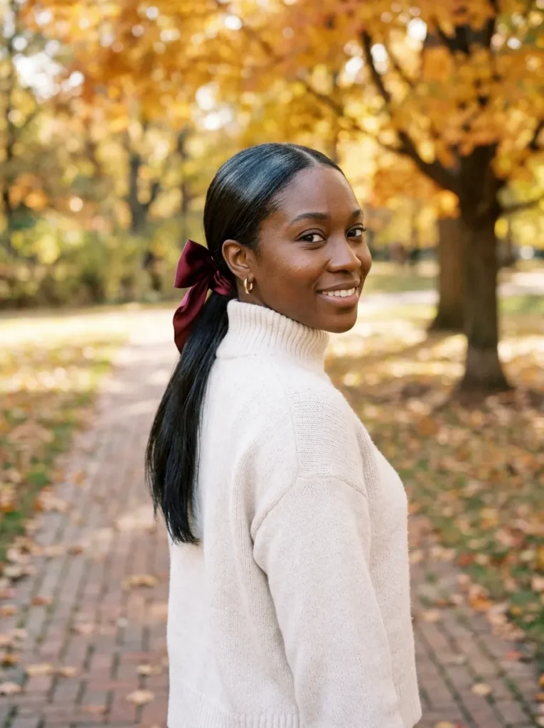 . Glossy Low Ponytail with a Satin Bow
