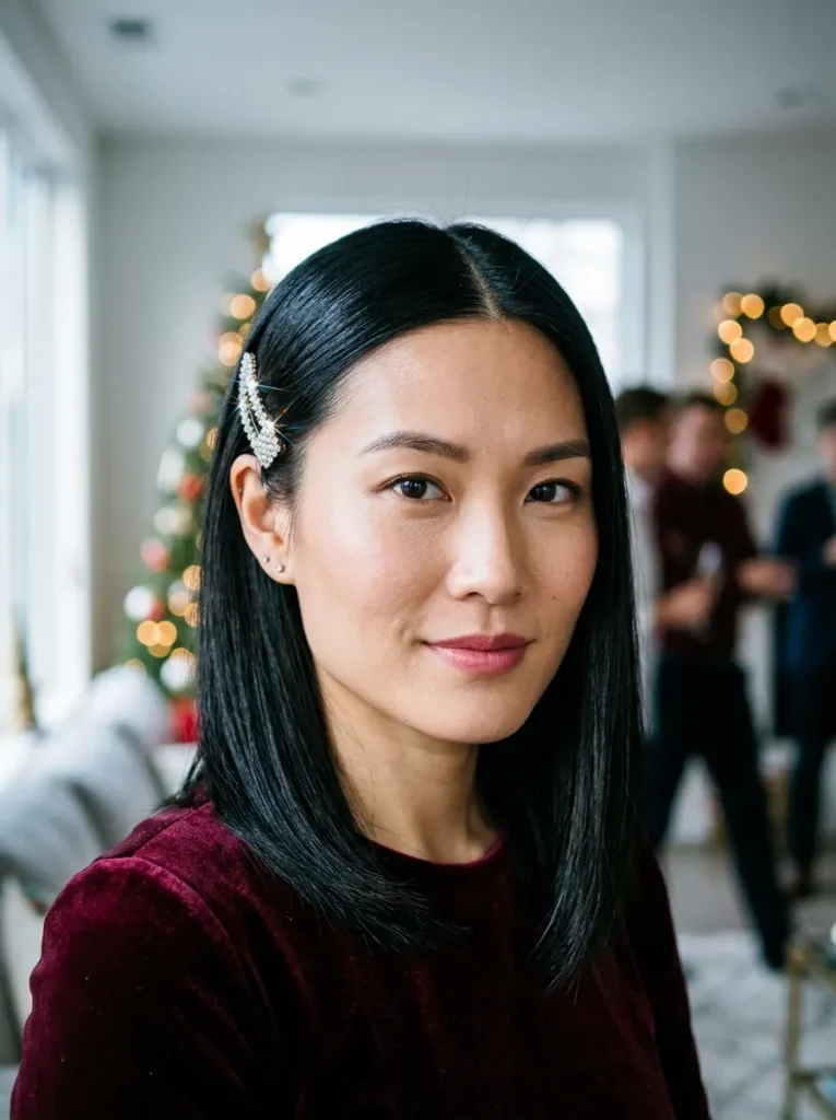 Glossy Straight Hair With a Sparkle Clip