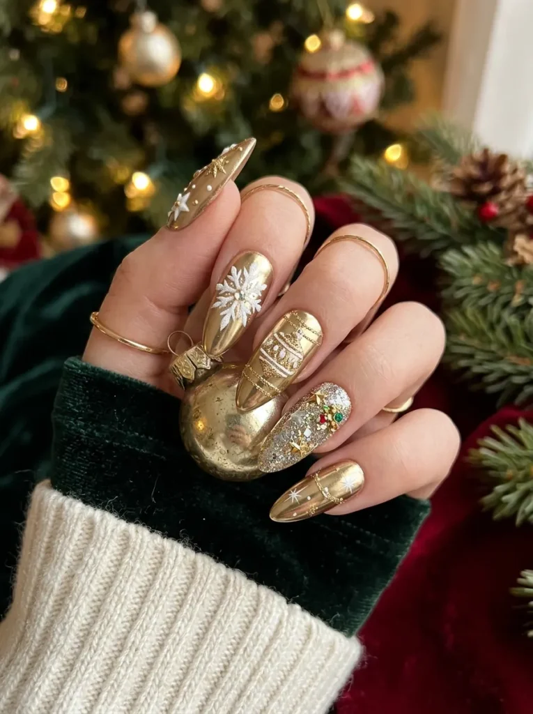 Gold Chrome Christmas Nails for a Glamorous Holiday Look