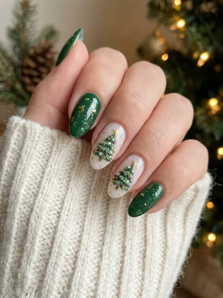 Green Christmas Nails With Tiny Christmas Trees