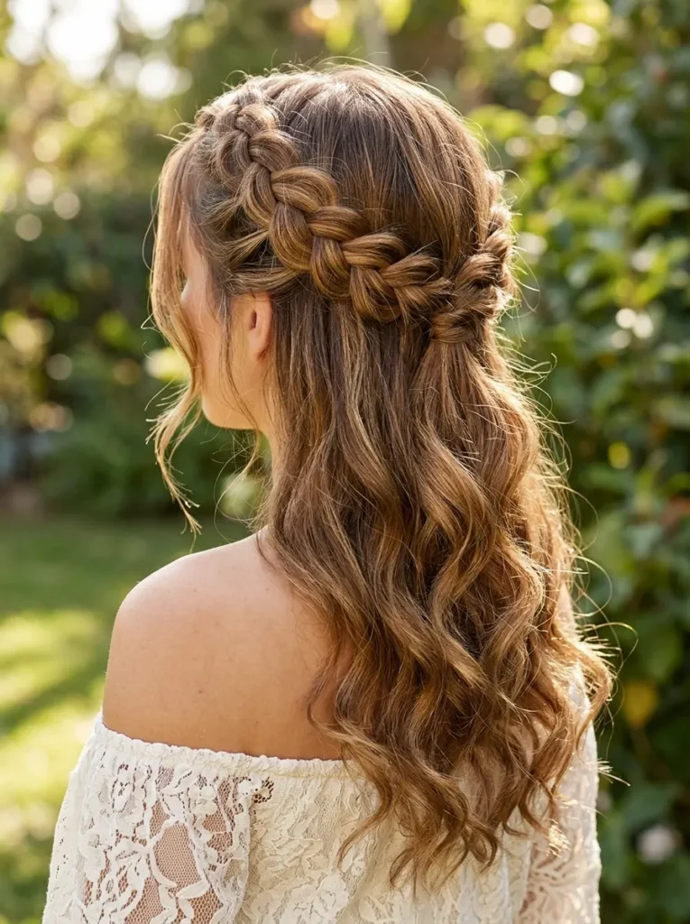 Half-Up Dutch Braid Crown with Loose Curls