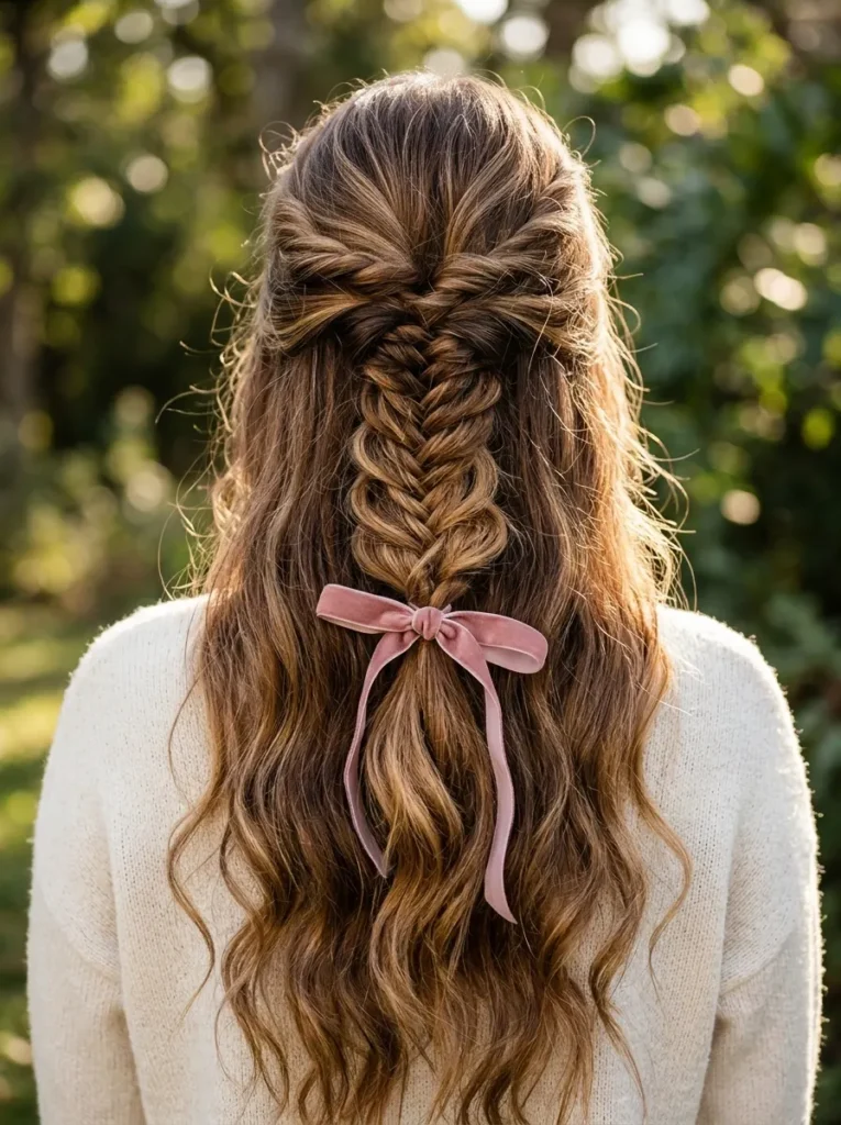 Half-Up Fishtail Braid with a Ribbon
