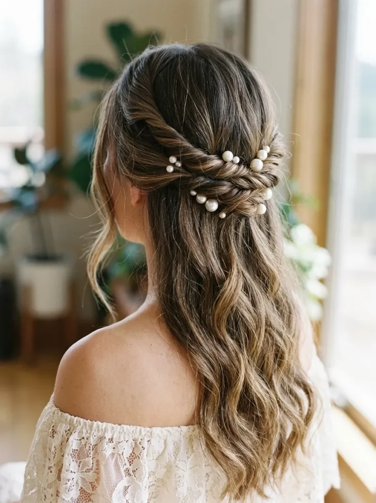 . Half-Up Rope Twist with Pearl Pins