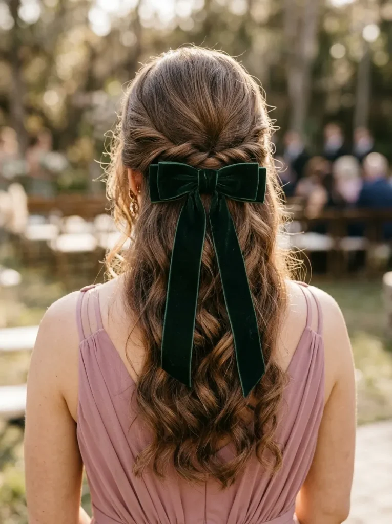 Half-Up Velvet Bow for a Bridesmaid
