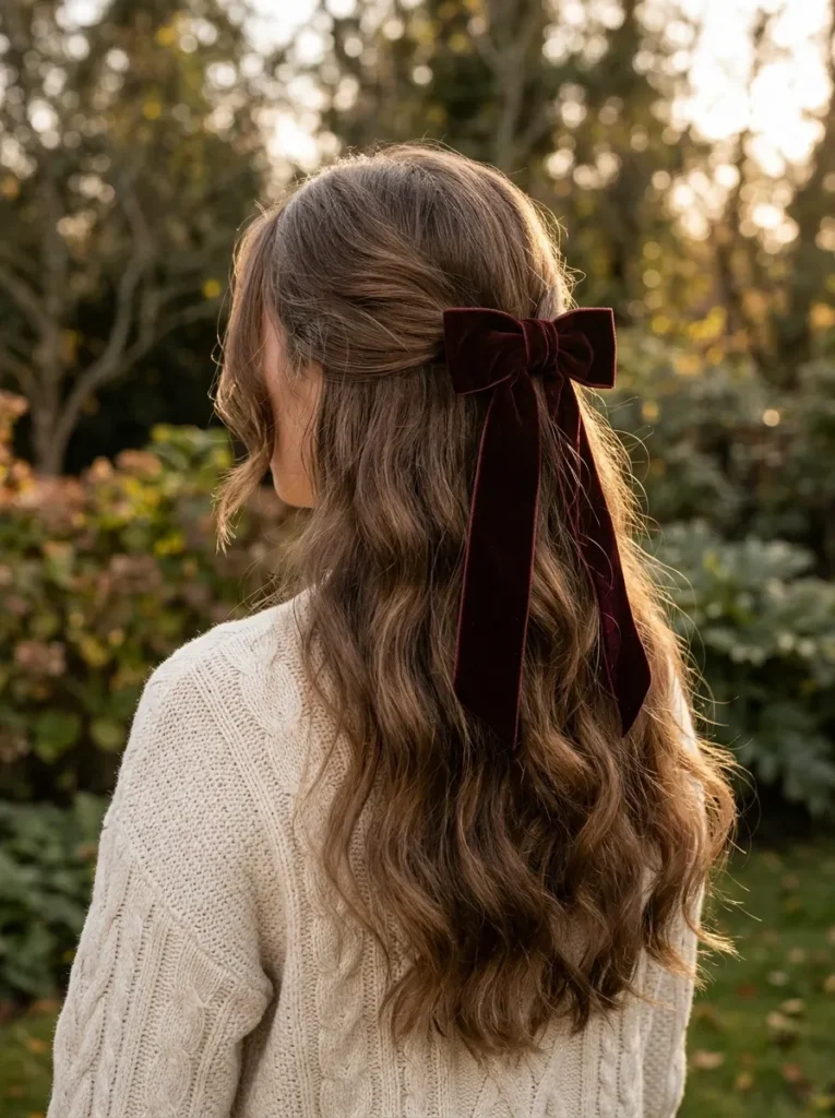 . Half-Up Velvet Bow with Soft Waves