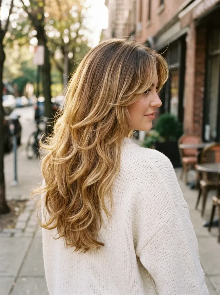 Honey-Butter Balayage on Long Butterfly Layers