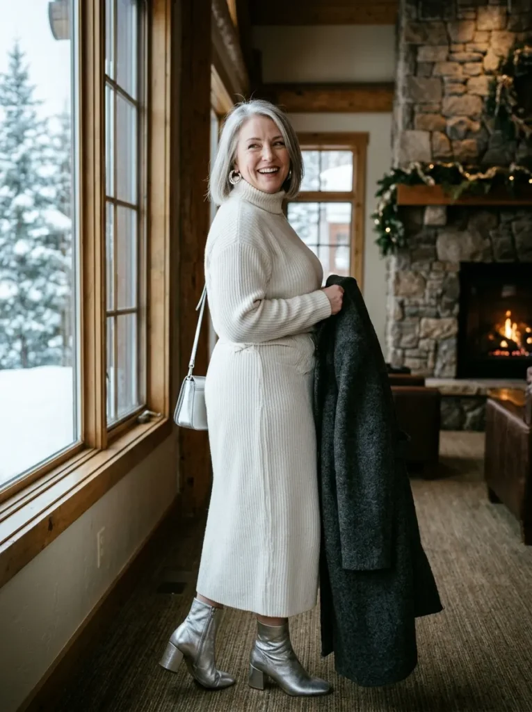 Ivory Knit Sweater Dress with Metallic Boots