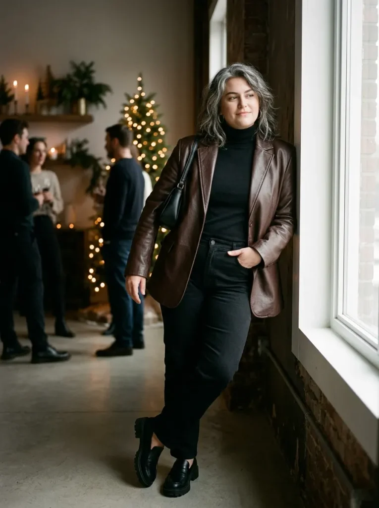 Leather Blazer With a Black Turtleneck