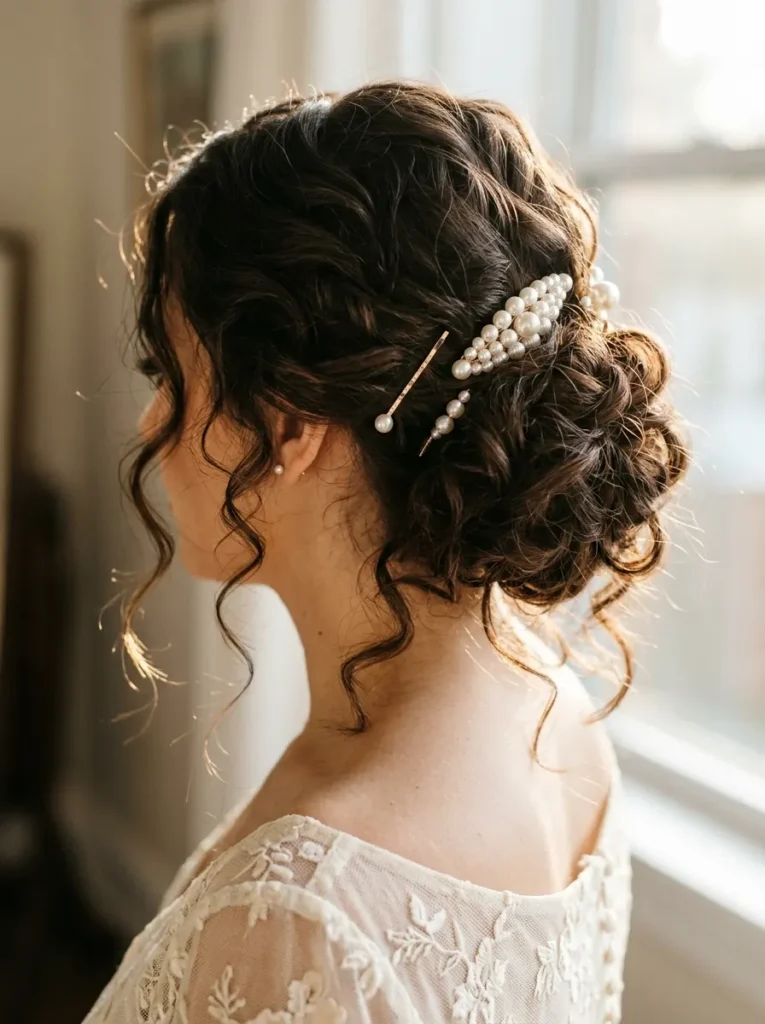 Loose Curly Updo with Pearl Clips