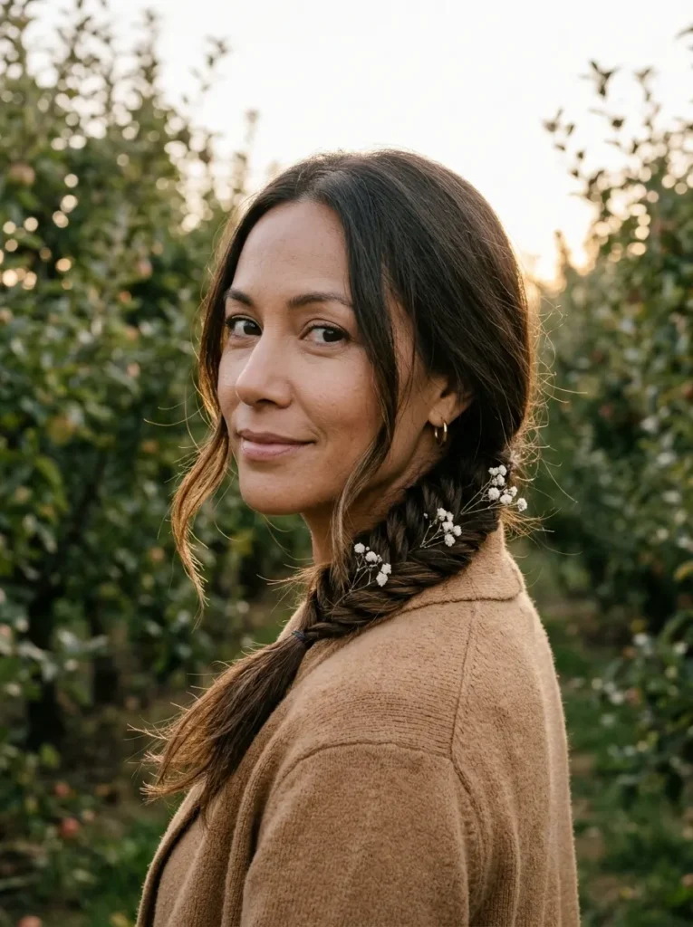 Loose Fishtail Braid with Tiny Wildflower Sprigs