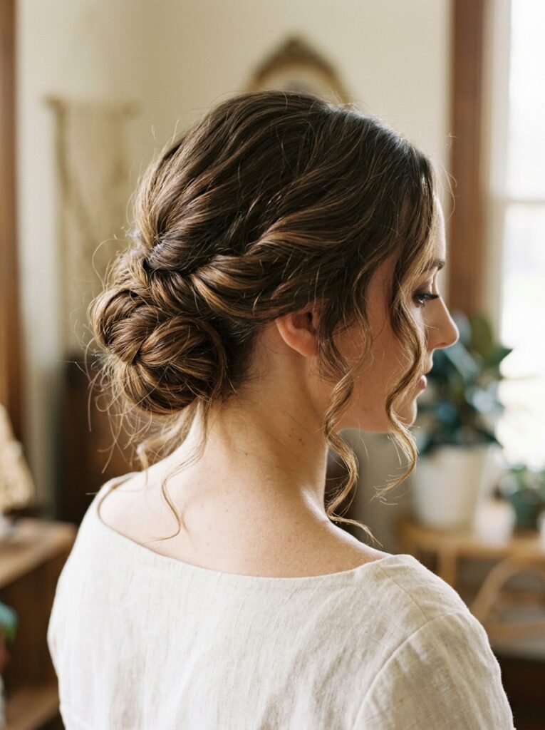 Low Twisted Chignon with Face-Framing Curls