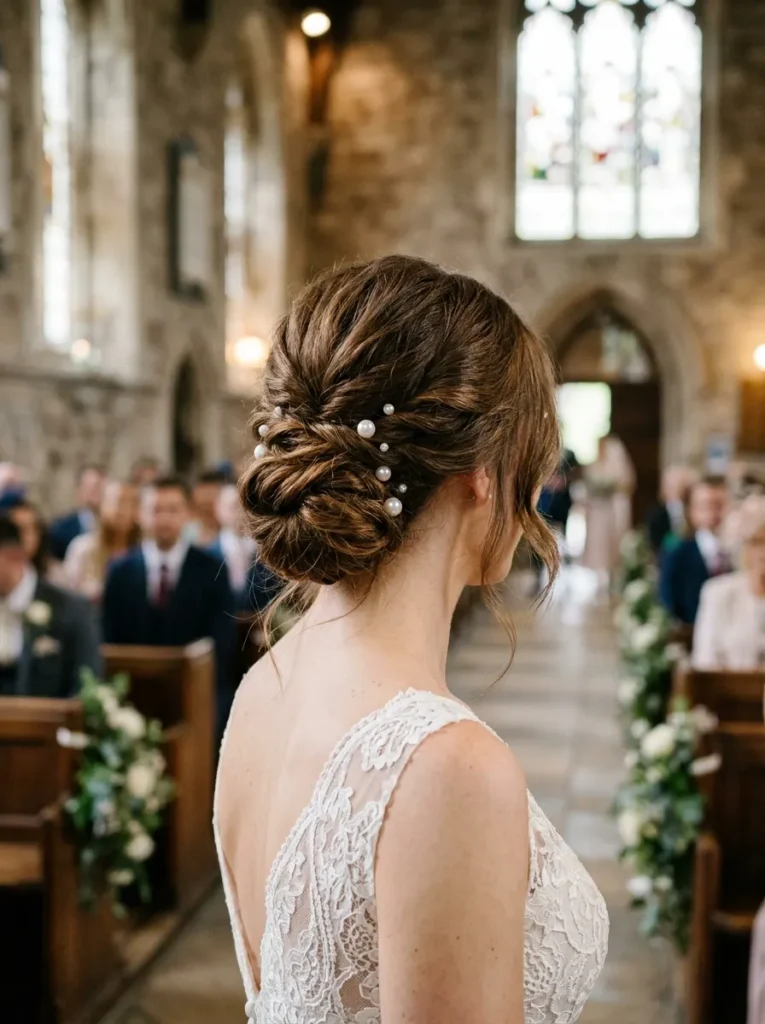 Low Twisted Chignon with Pearl Pins for a Church Ceremony