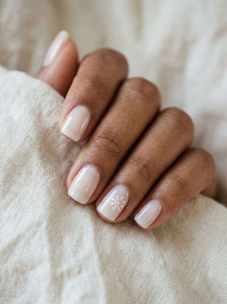 Milky White Micro Snowflakes on Short Nails