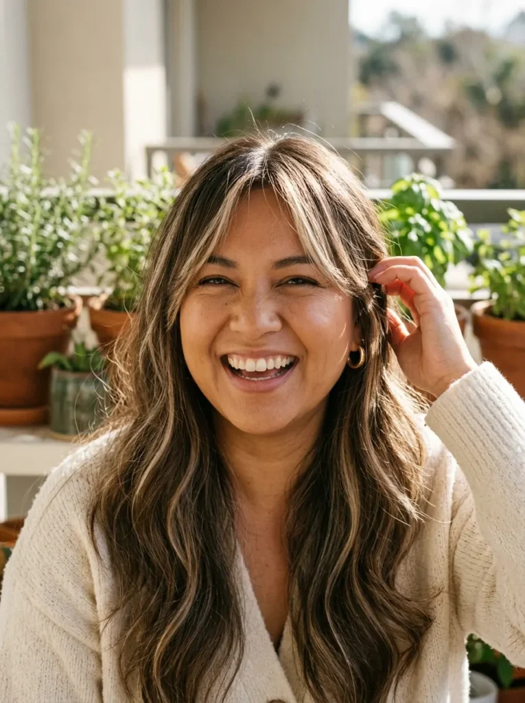 Mushroom Bronde Money Piece with Curtain Bangs
