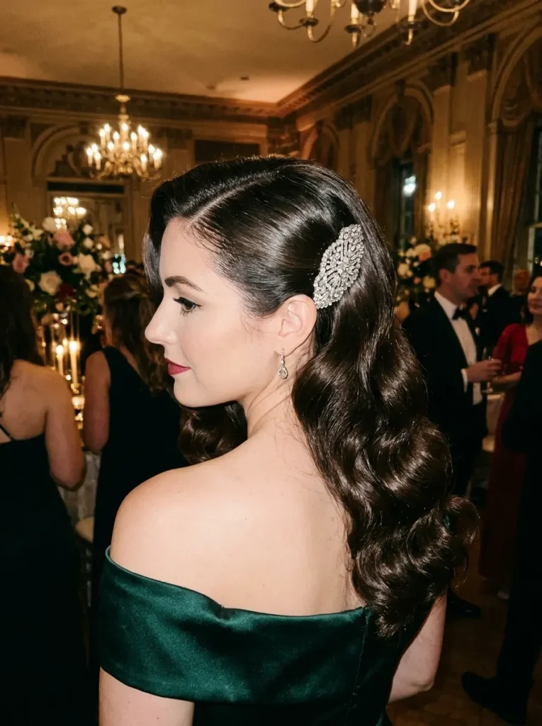 . Old Hollywood Side-Swept Waves with a Rhinestone Clip for an Evening Reception
