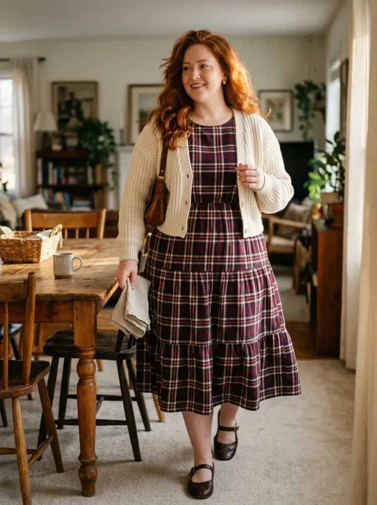 Plaid Midi Dress with a Cropped Cardigan