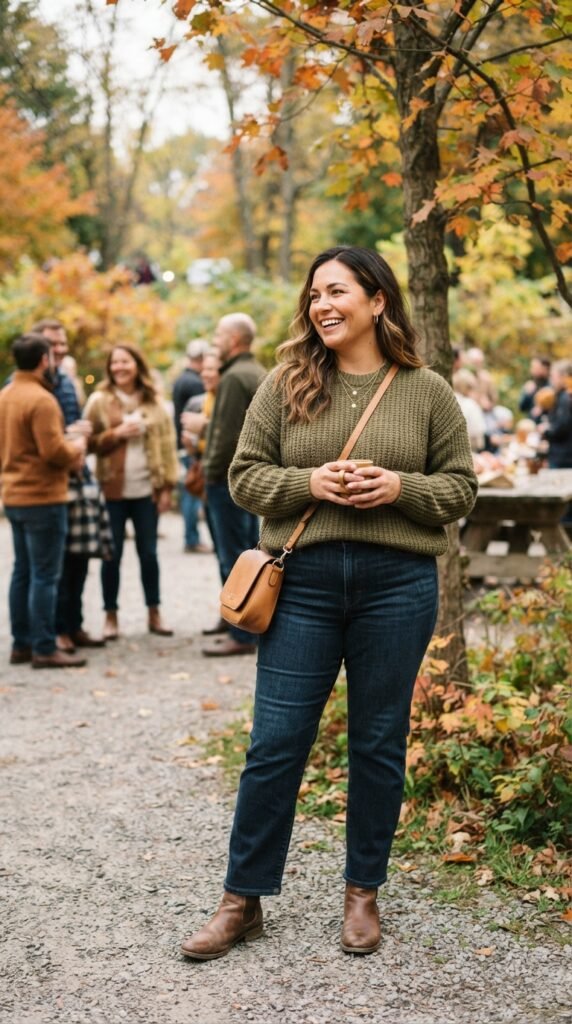 Olive Green Sweater and Jeans Outfit