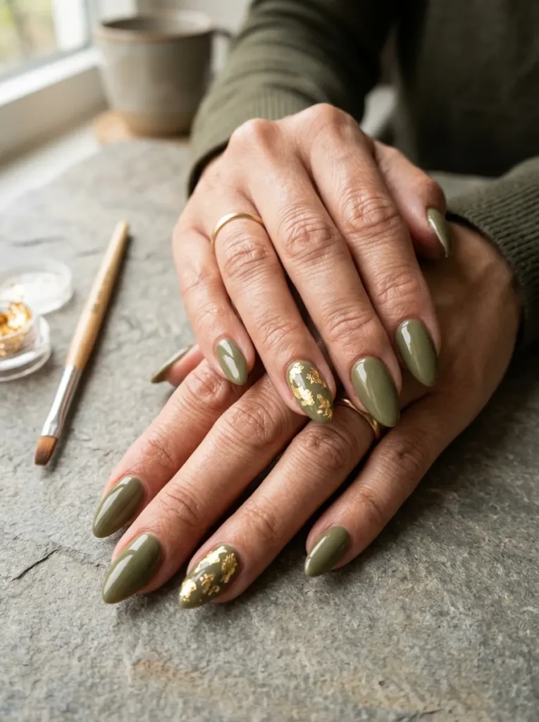 Olive Green With Tiny Gold Leaves