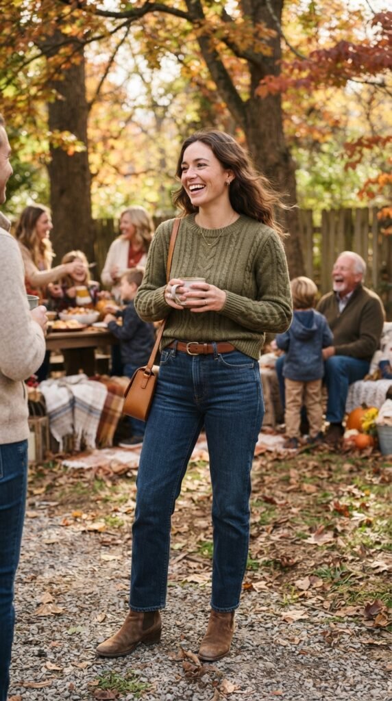 Olive Sweater and Dark Denim Outfit
