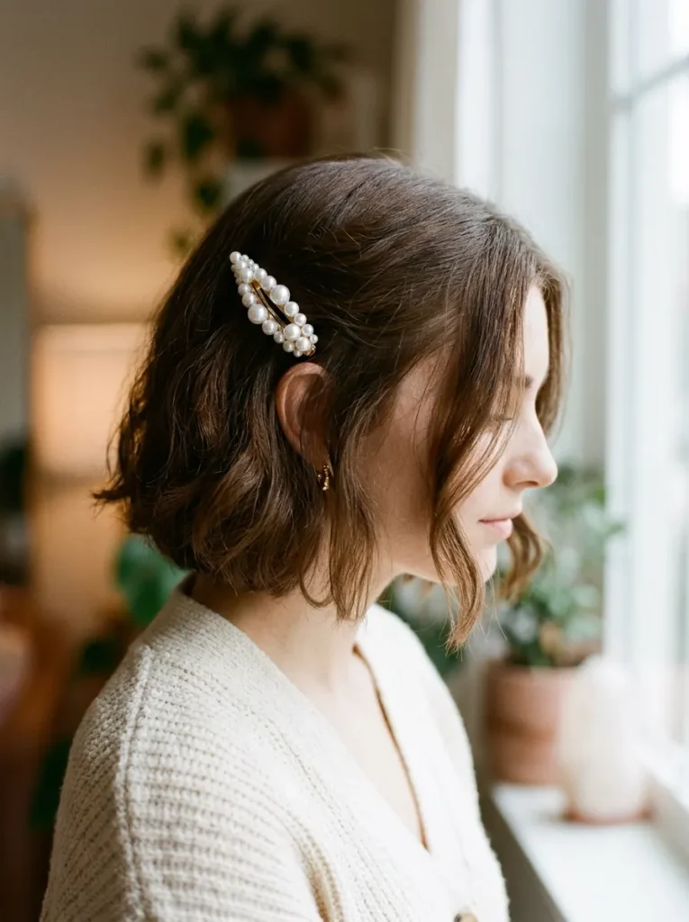 Pinned Bob with a Pearl Barrette for Short Hair